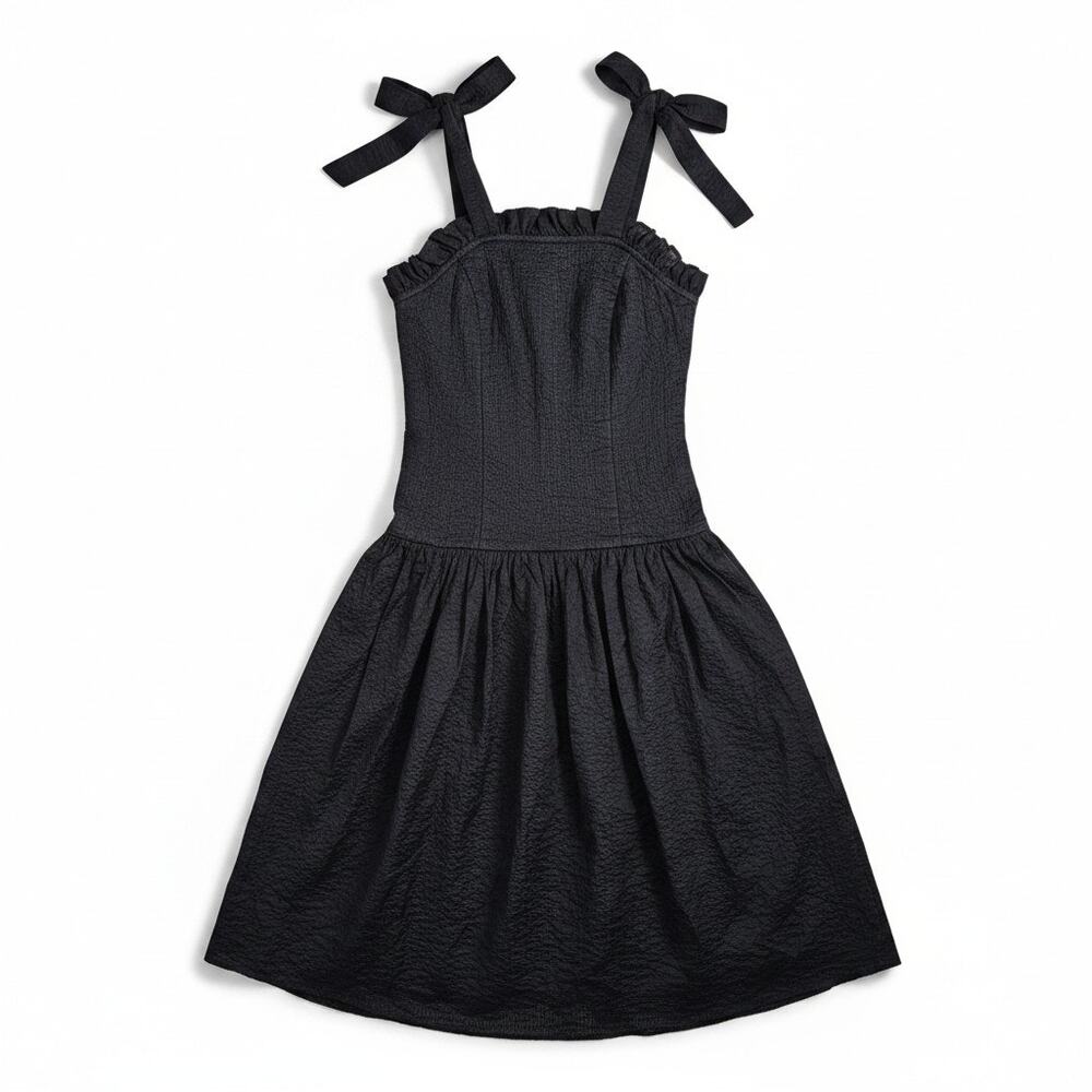 Naya Rea 8 Black Cotton Drop Waist Dress Ruffle Tie Strap Preppy Cotton Formal